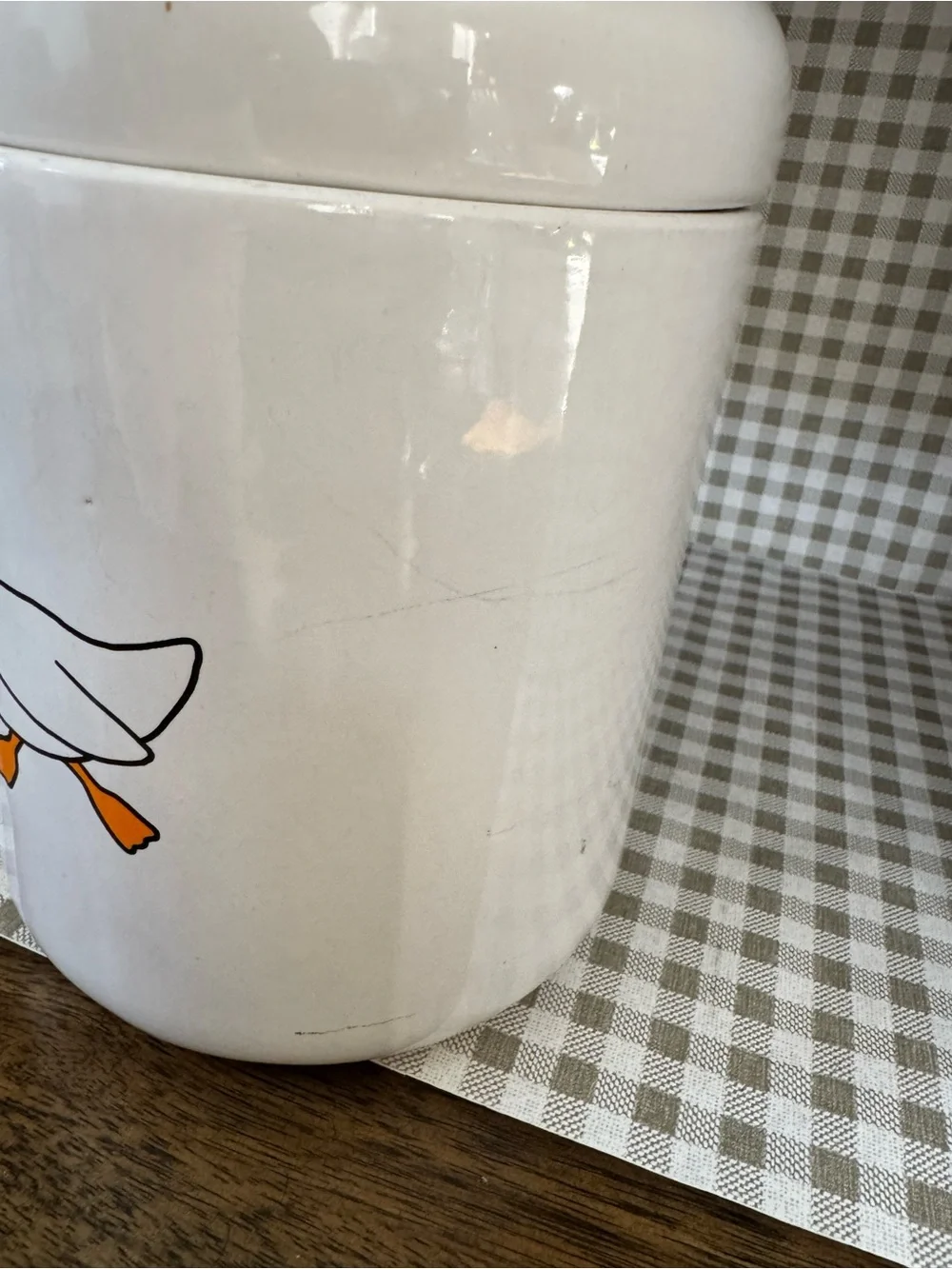 White Ceramic Goose Canister with Blue Gingham Scarf 9’inch cookie jar, storage